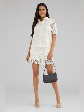Lace Eyelet Drawstring Women's Shorts  Set - Off White